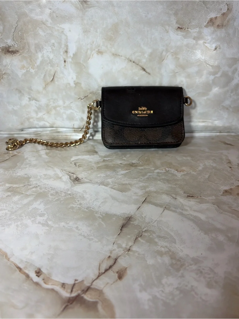 Coach Signature Mini Wallet on Chain Brown Black Canvas Leather Card Holder - Picture 1 of 4